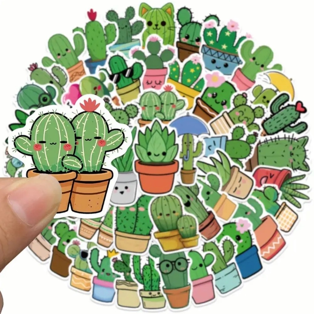 50 Cute Cactus Stickers Iridescent Sparkle Green Plants - Picture 5 of 9